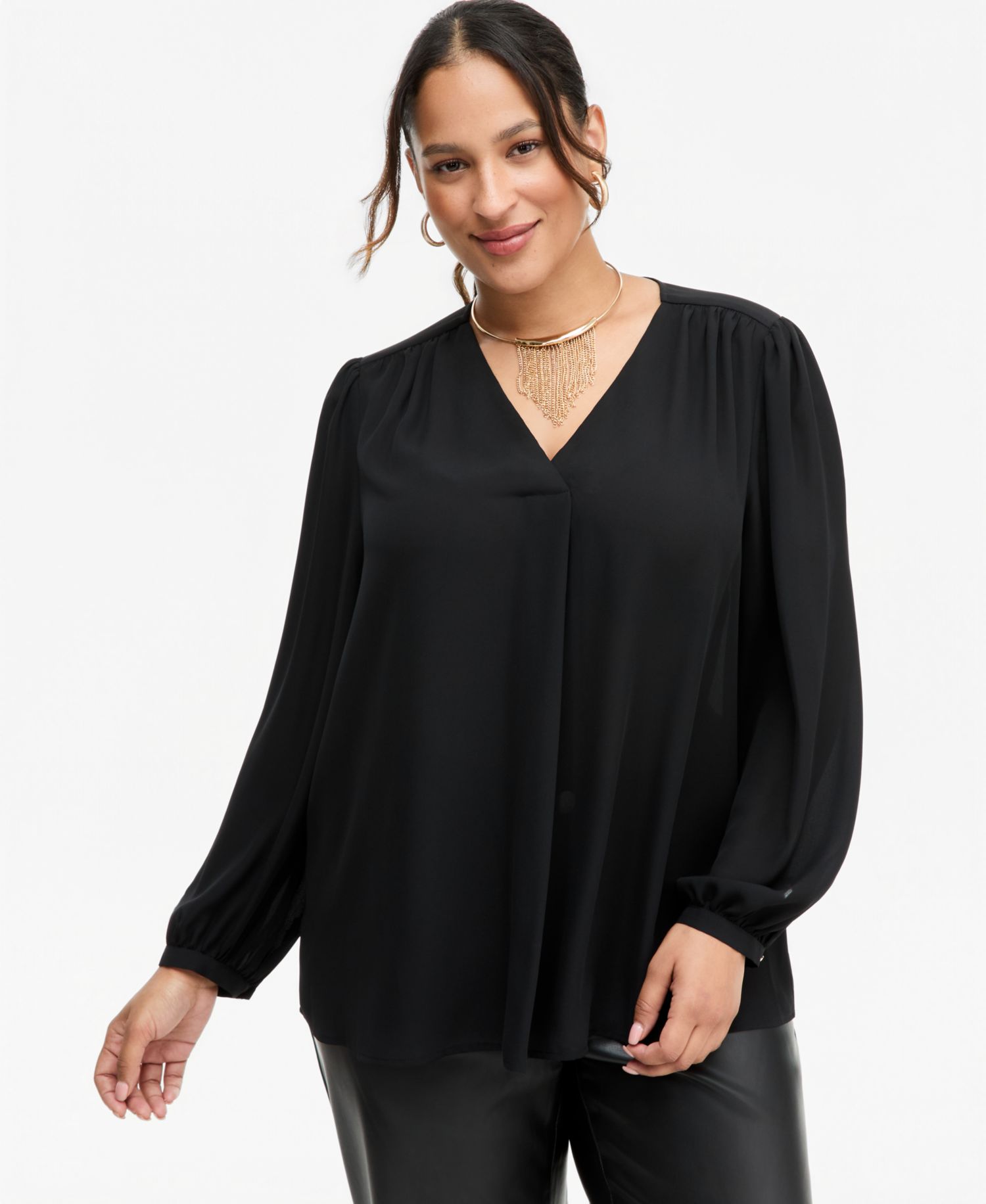I.N.C. Plus Size Long-Sleeve V-Neck Pleated Blouse