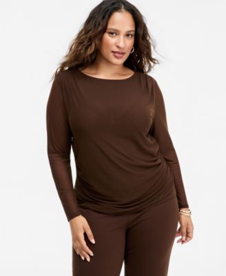 Plus Size Long Sleeve Sheer Mesh Ruched Top
