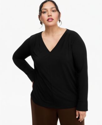 Plus Size V-Neck Long-Sleeve Pleated Blouse