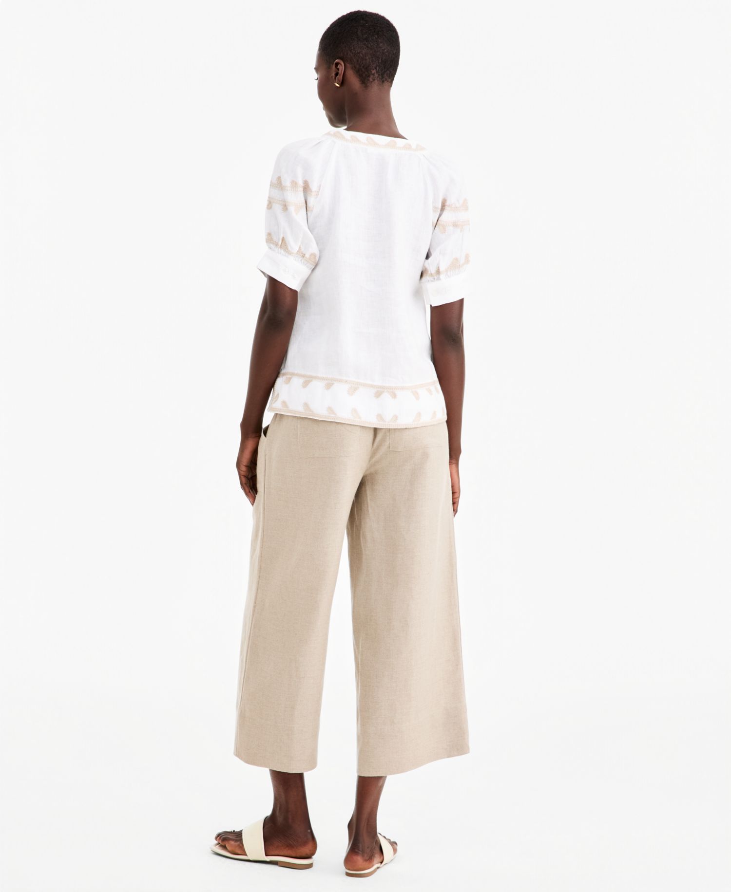 Women's Linen Puff-Sleeve Embroidered Blouse