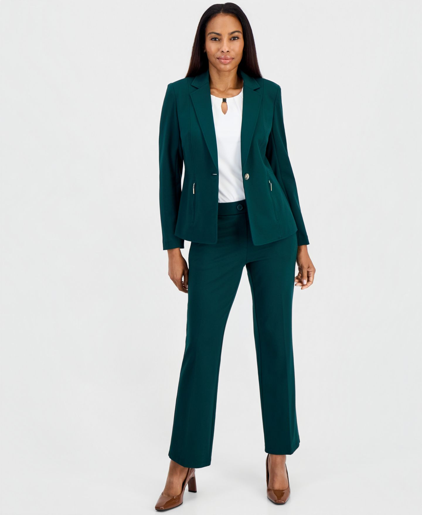 Женский пиджак Kasper Long Sleeve Compression One Button Blazer, цвет: Вечнозелёный — фото 2