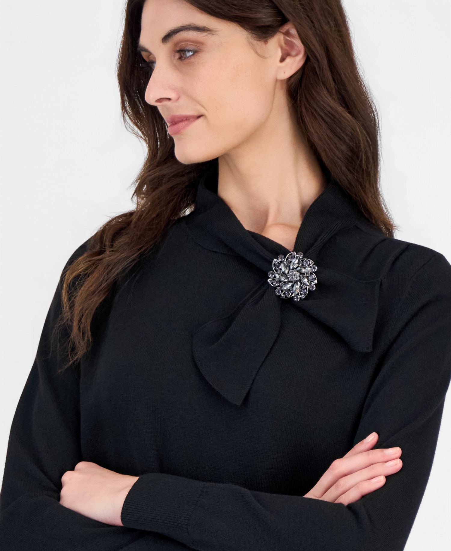 Petite Mock-Neck Pleated-Shoulder Sweater with Brooch