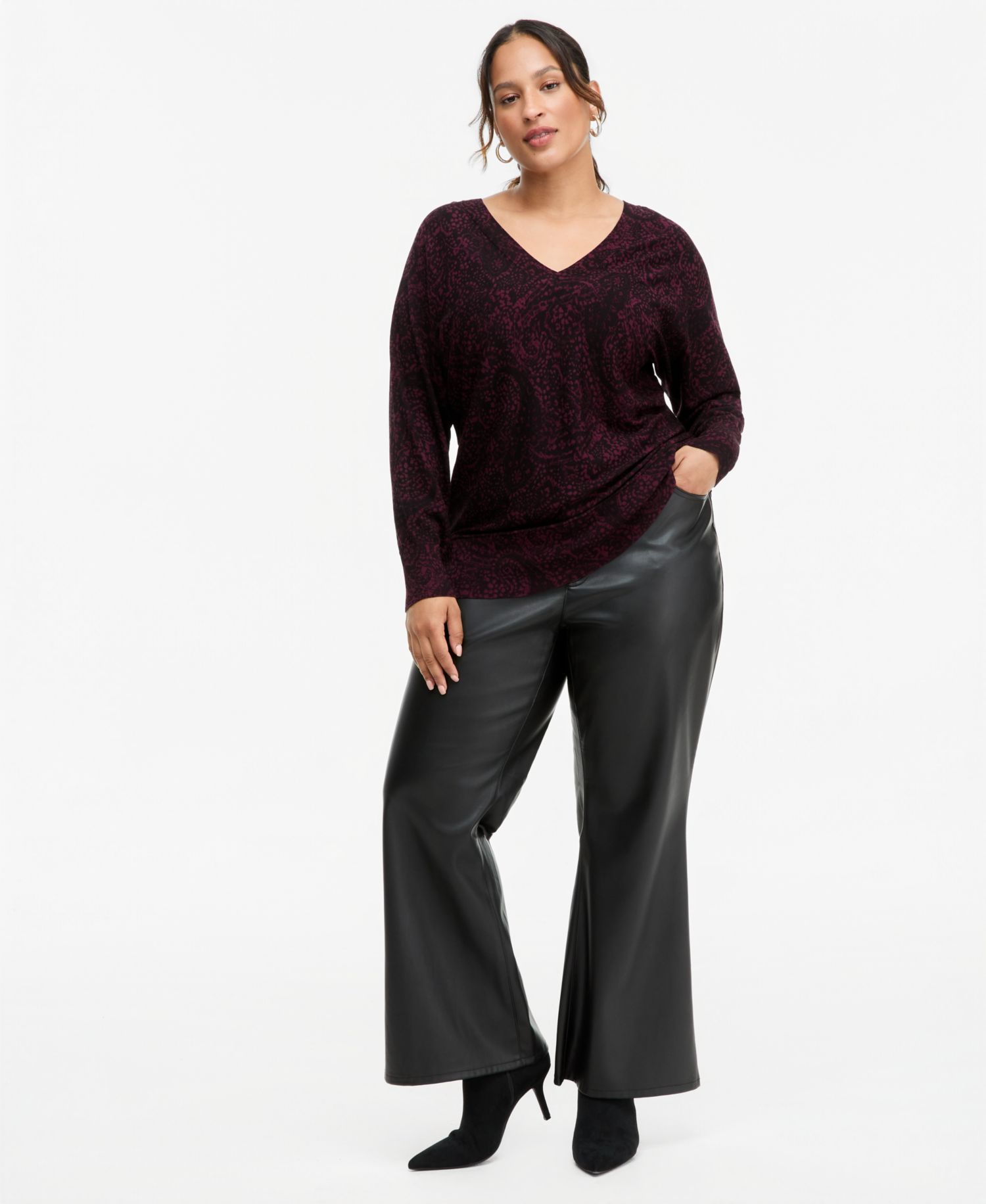 Plus Size Paisley V-Neck Long-Sleeve Sweater