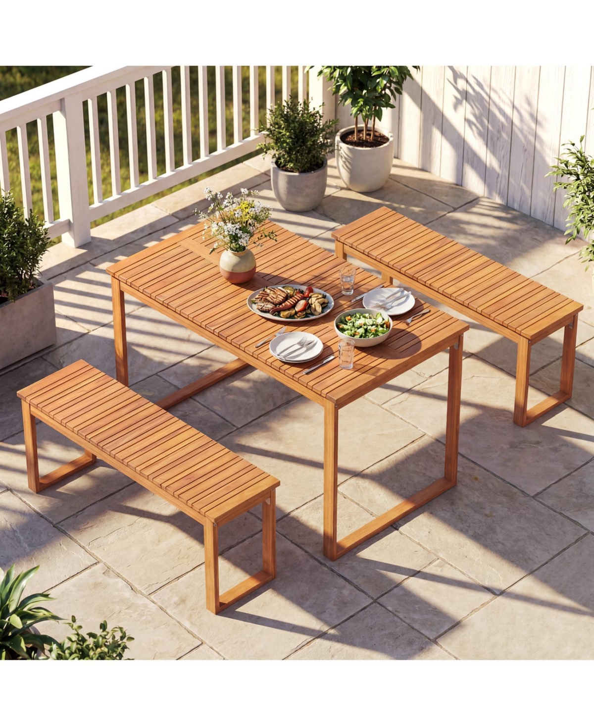Slickblue Acacia Wood Patio Bench Set of 2 for Front Porch and Garden Seating