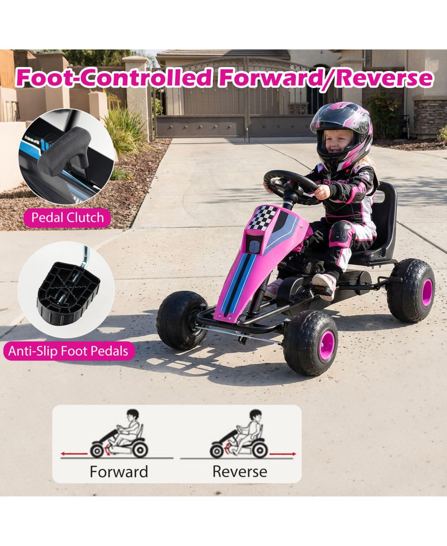 Детская игрушка Gymax 4-Wheel Pedal Go Kart with Steering Wheel, от 3 лет, цвет: Розовый — фото 9
