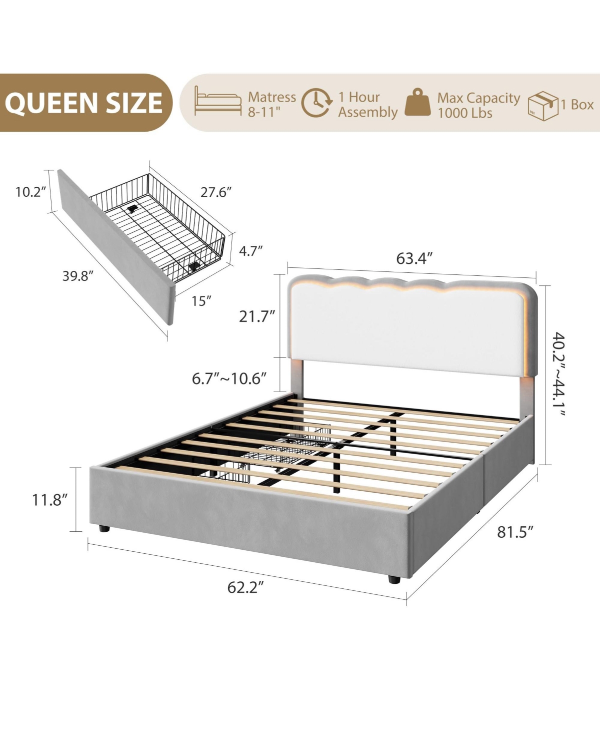 gaomon velvet Led bed frame with storage drawers, adjustable headboard, princess-style frame