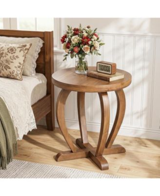 Rustic Wood Round End Table, Vintage Small Accent Sofa Side Table with Curved Base for Living Room Bedroom