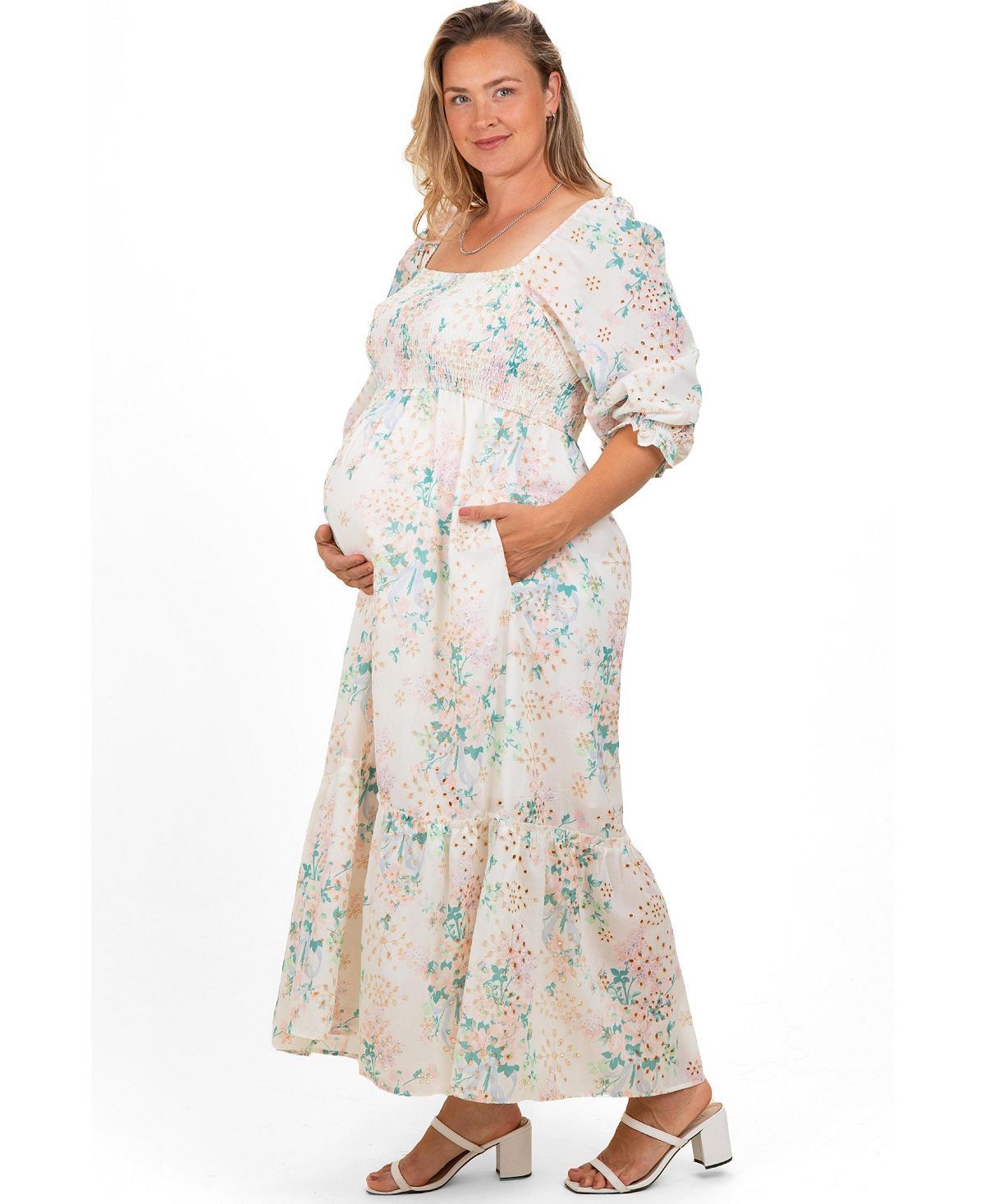 Pinkblush Plus Size Ivory Floral Smocked 3/4 Sleeve Maxi Dress view 3 — MAYCSS fashion products