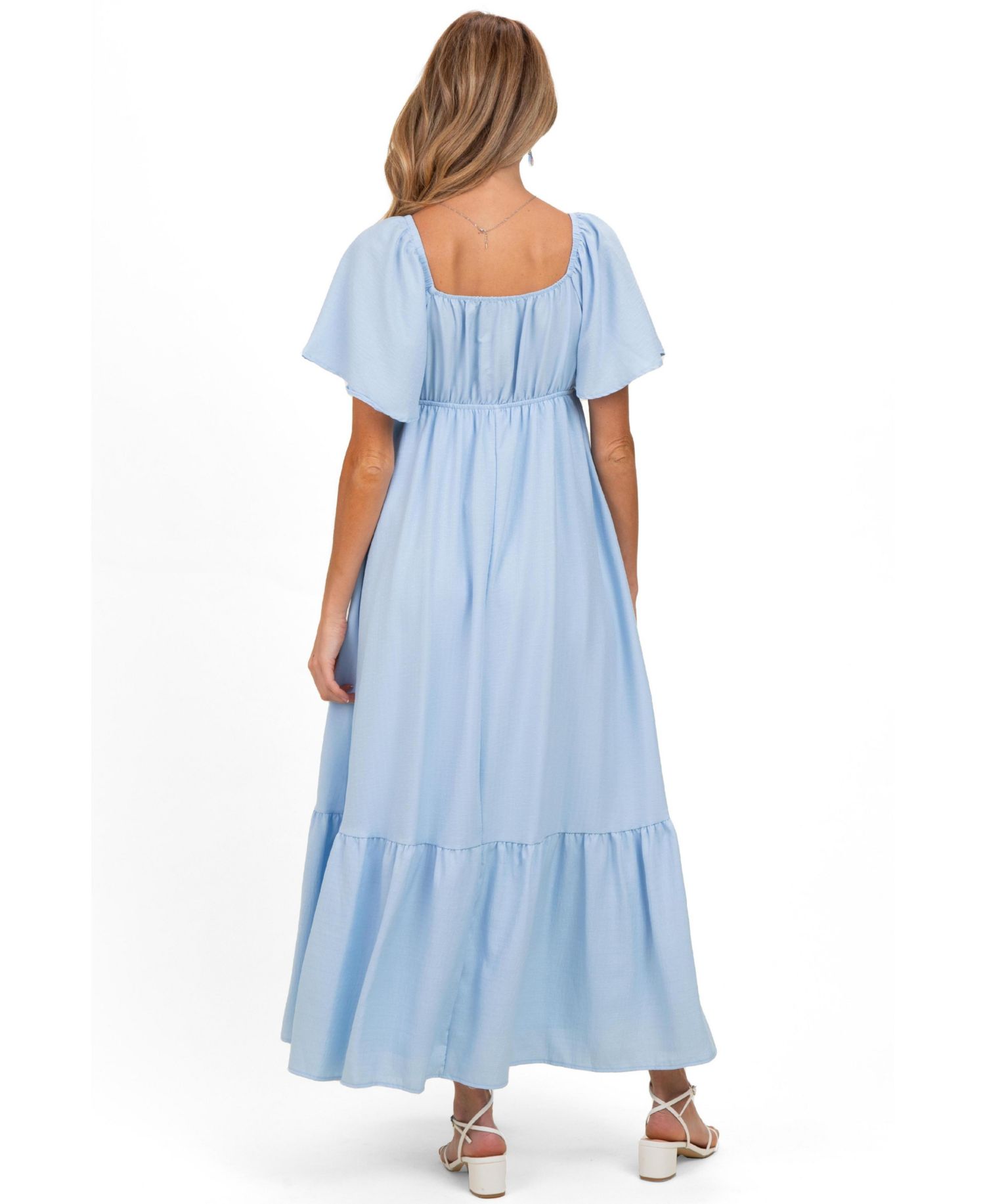 Maternity Light Blue Flutter Sleeve Ruffle Hem Maxi Dress