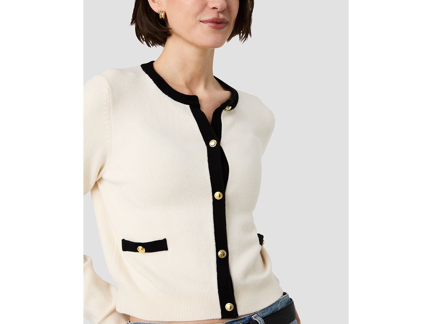 Женский кардиган French Connection Button-Front Fitted, цвет: Фарфоровый кремовый / Чёрный — фото 4