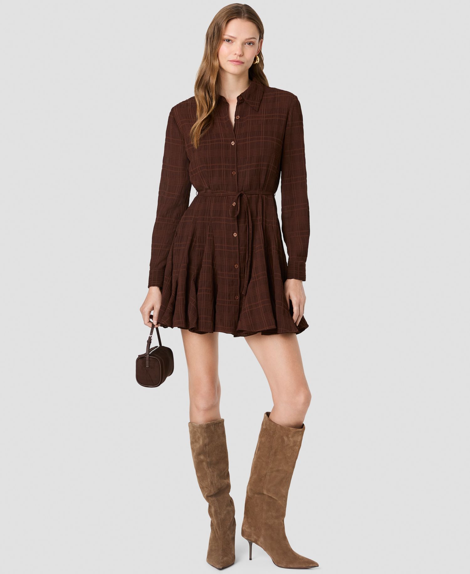 Women's Collared Long-Sleeve Tie-Waist Mini Dress