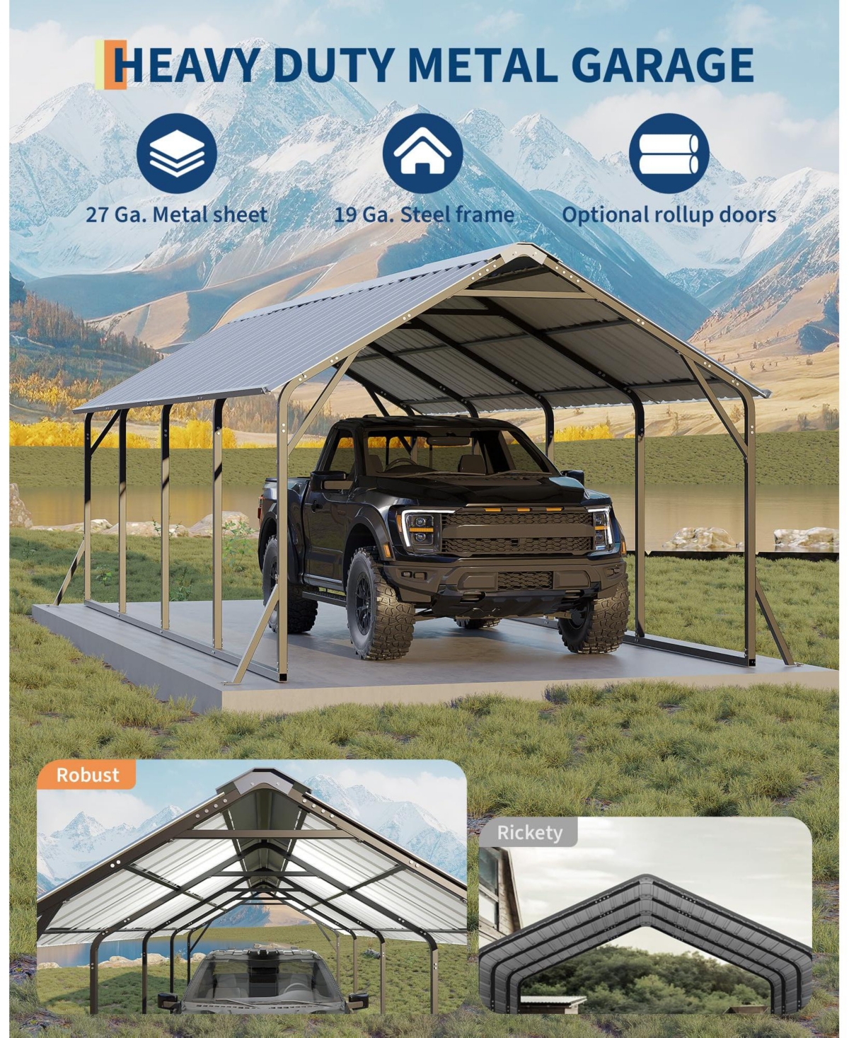 homfan Iron Vertical Rib Carport for Cars Trucks, Heavy Duty Outdoor Metal Vehicle Shelter with Steel Roof
