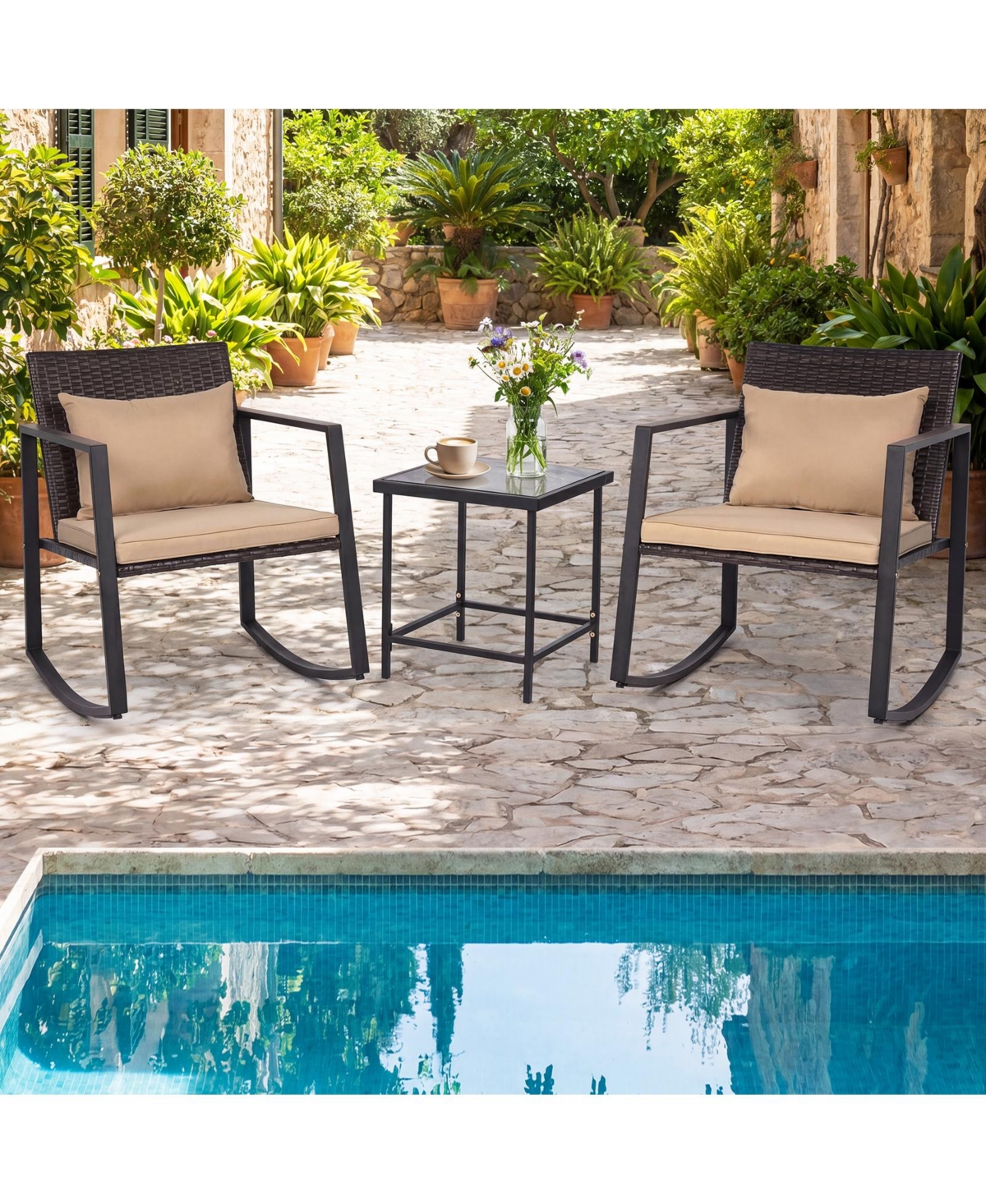 Gymax 3-Piece Outdoor Rocking Bistro Set Patio Rocking Chairs and Coffee Table Set