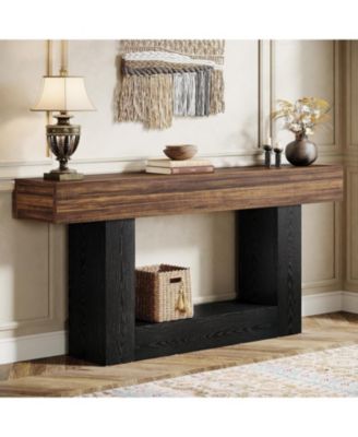 63" Console Table, Farmhouse 2-Tier Entryway Table with U-Shaped Base, Narrow Long Wood Behind Couch Table