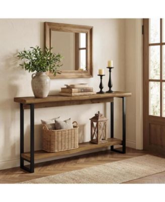 63" Solid Wood Console Table with Metal Legs, Farmhouse Entryway Entry Table for Entrance, Narrow Long Sofa Table Behind Couch
