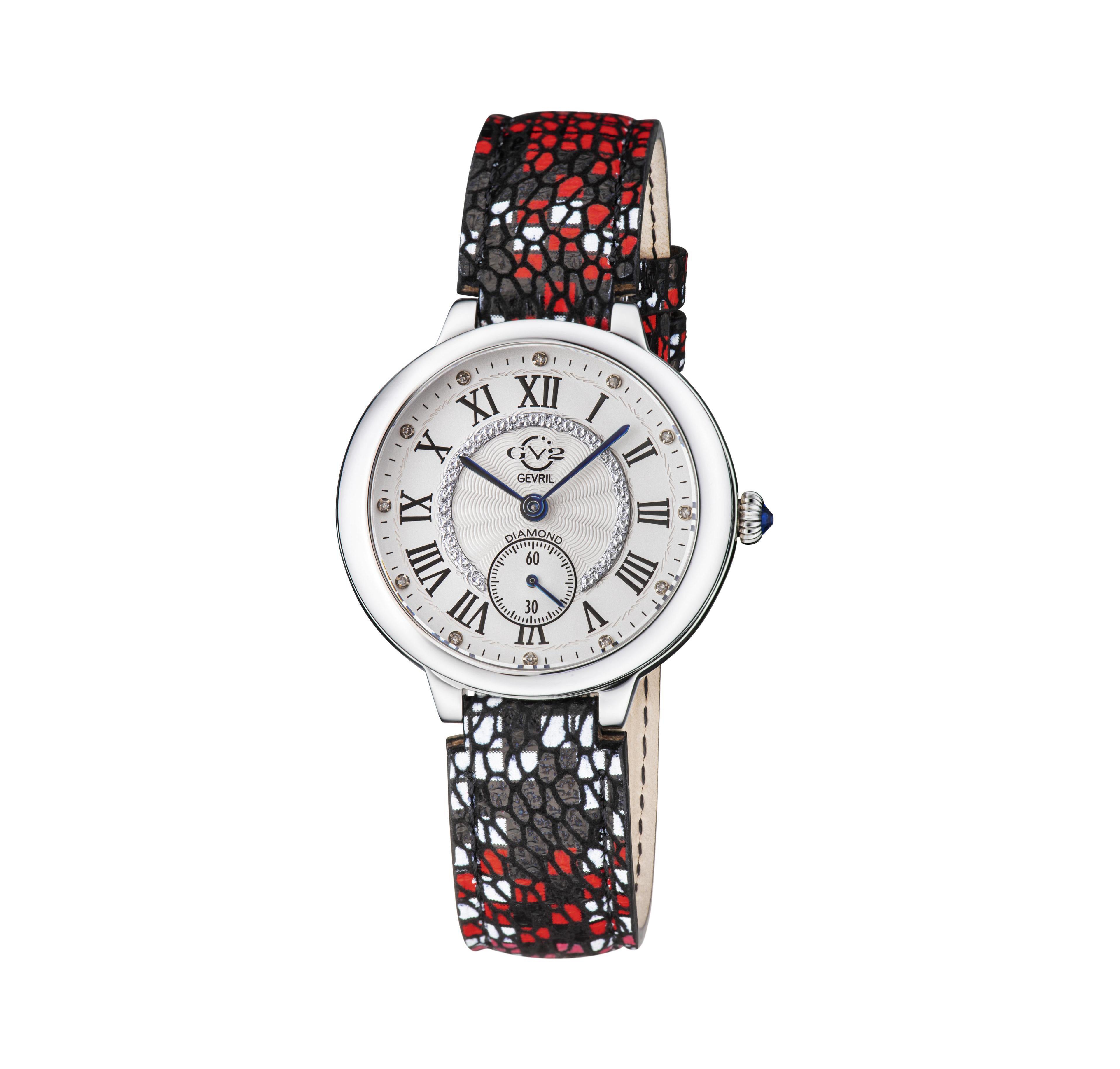 GV2 by Gevril Women's Rome Swiss Quartz Diamond pattern Leather Strap Watch