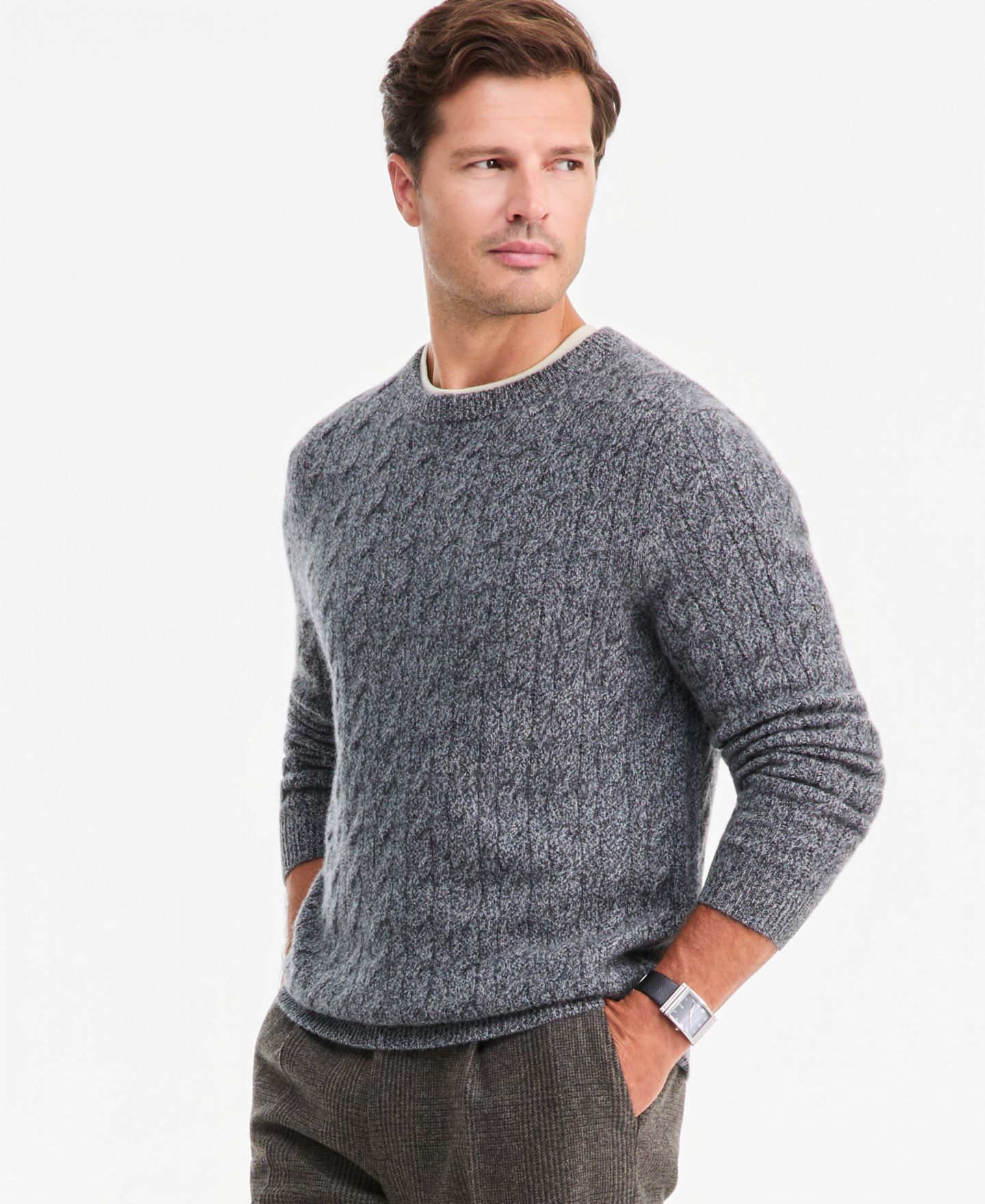 Мужской свитер Club Room Premium Cashmere Cable-Knit Crewneck, цвет: Тёмный угольный — фото 1