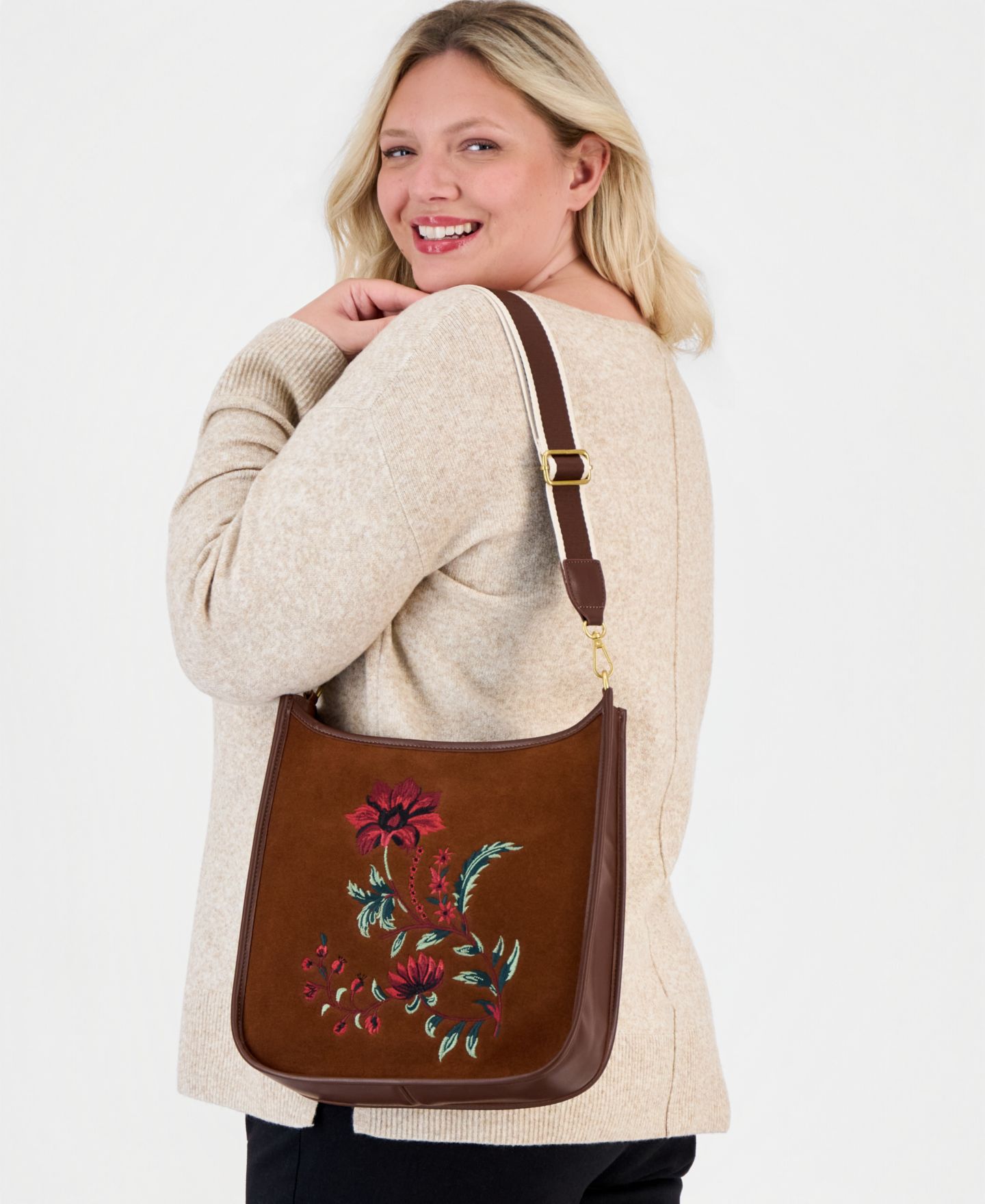Женская сумка Style & Co Floral-Embroidered Suede Crossbody, цвет: Коричневый — фото 5