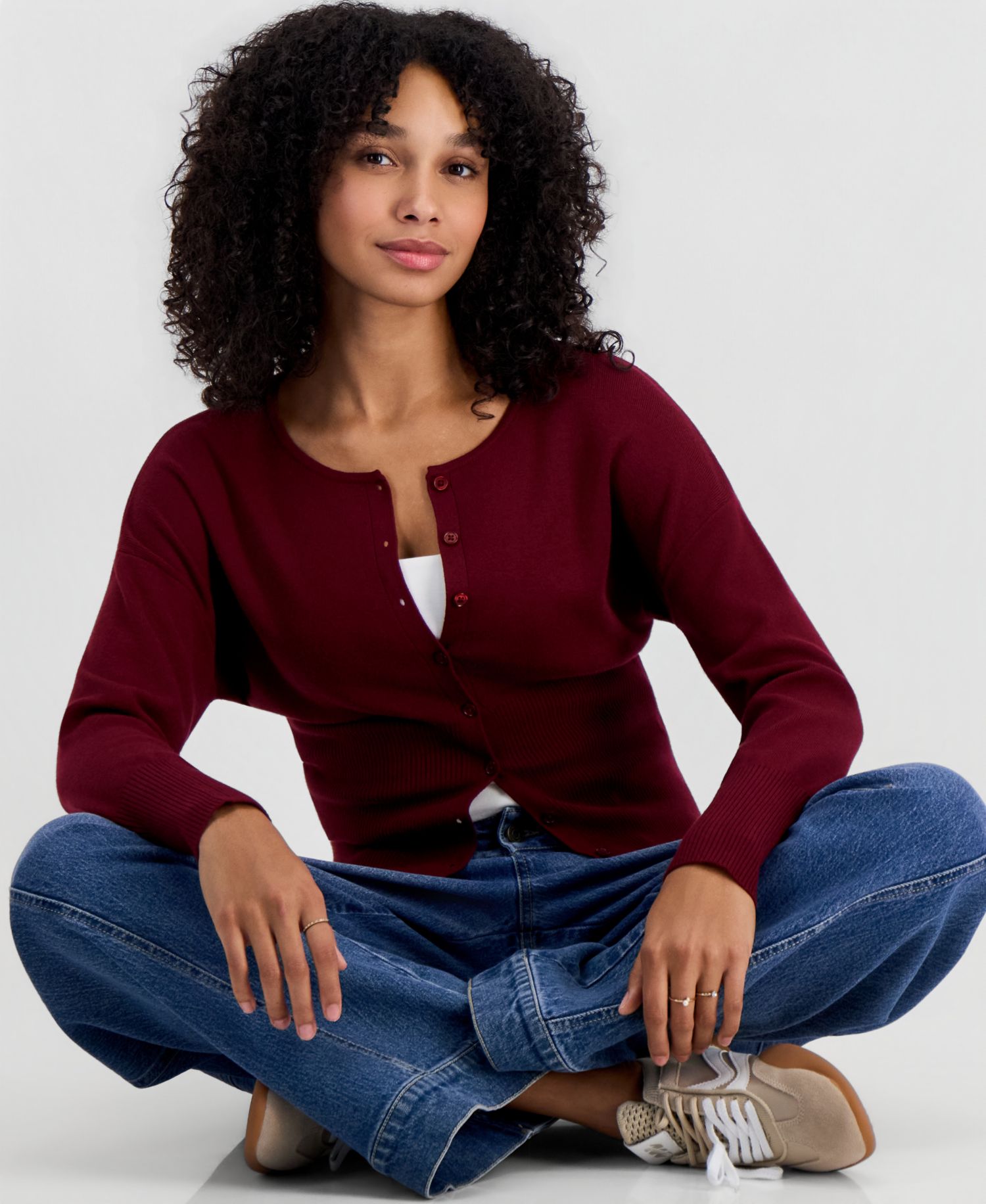 Juniors' Drop Shoulder High Rib Crewneck Cardigan