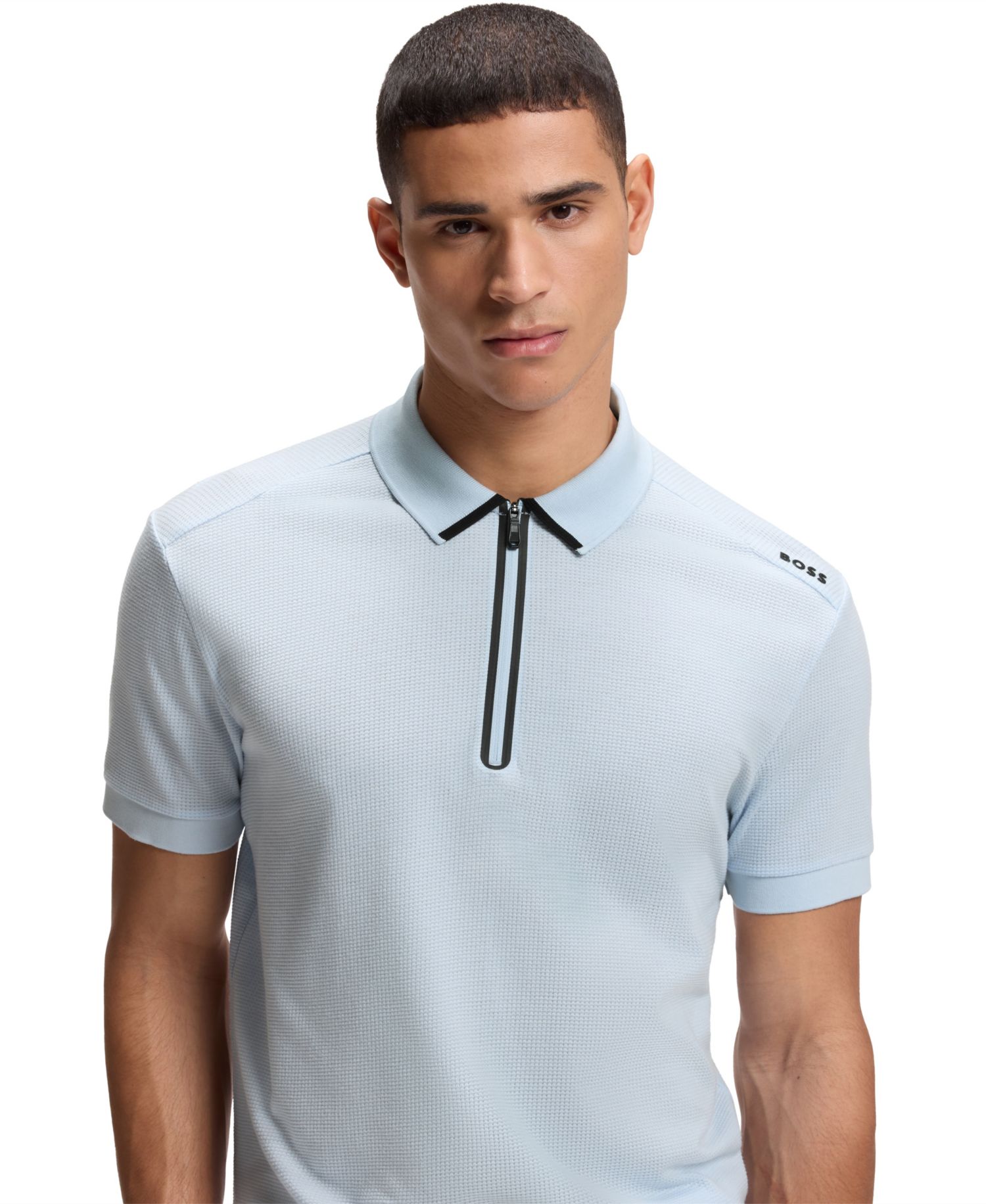 BOSS by Men's Waffle Jacquard Zip-Neck Polo Shirt