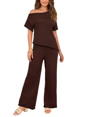 Women's Knit Off-Shoulder Top and Wide Leg Pants Loungewear Set