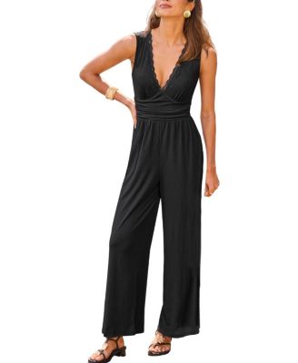 Women's Lace Trim V-Neck Sleeveless Wide Leg Jumpsuit