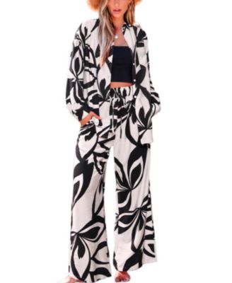 Women's Abstract Leaf Print Button-Down Shirt and Wide Leg Pants Matching Set