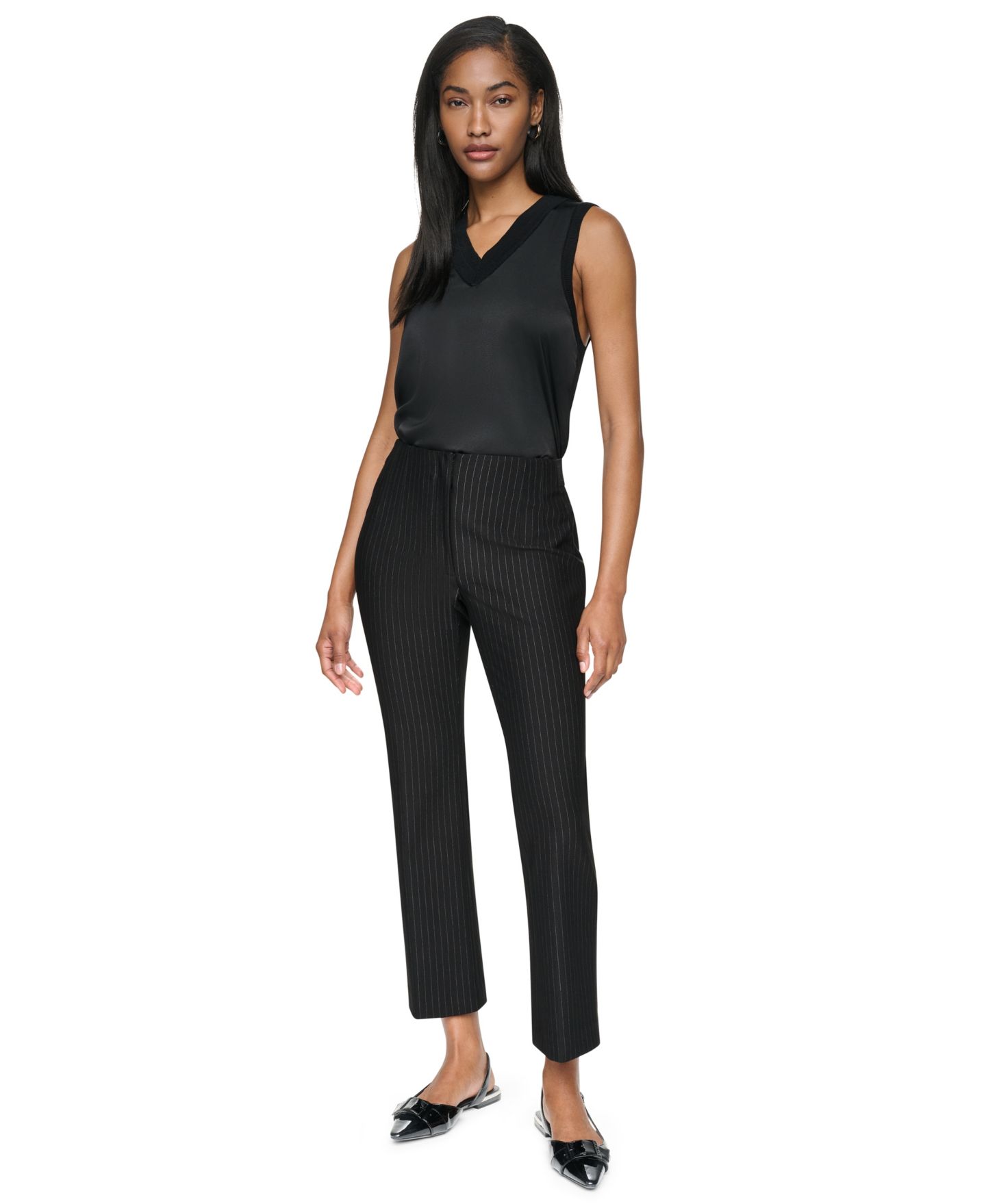 Женские брюки DKNY Petite Pinstripe Ponte High-Rise Front-Zip, цвет: Чёрный — фото 2
