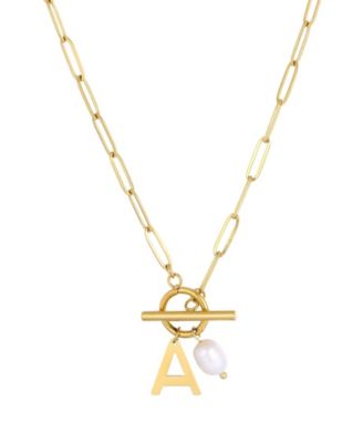 Tarnish Resistant Gold Natural Freshwater Pearl Initial Toggle Necklace