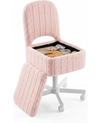 Small Vanity Stool Chair with Storage and Folding Back, Height Adjustable Lift Ottoman Swivel and Quiet Wheels, Soft Faux Fur Stool