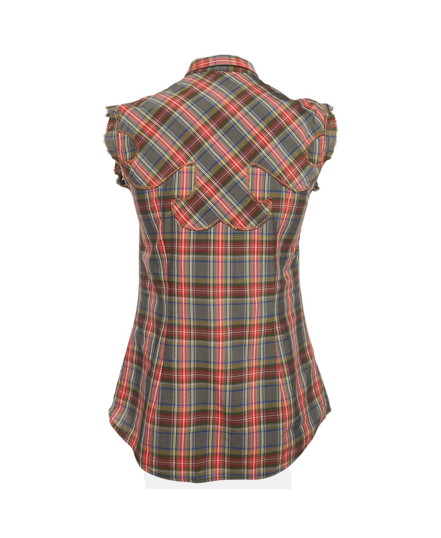 Plaid Cotton Pearl Snap Button Detail Sleeveless Shirt