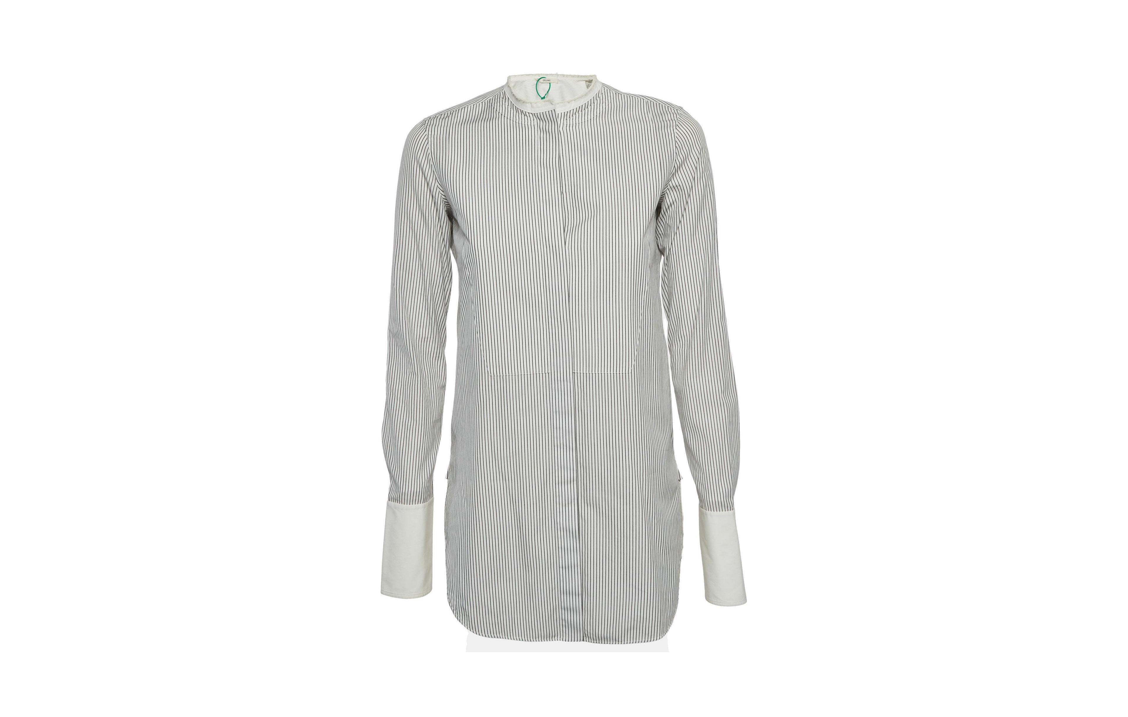 Pre-Owned Celine Women's Striped Cotton Collarless Tunic Shirt