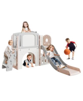 8 in 1 Indoor/Outdoor Play Tunnel and Climber Set with Slide and Basketball Hoop, Ages 1-6