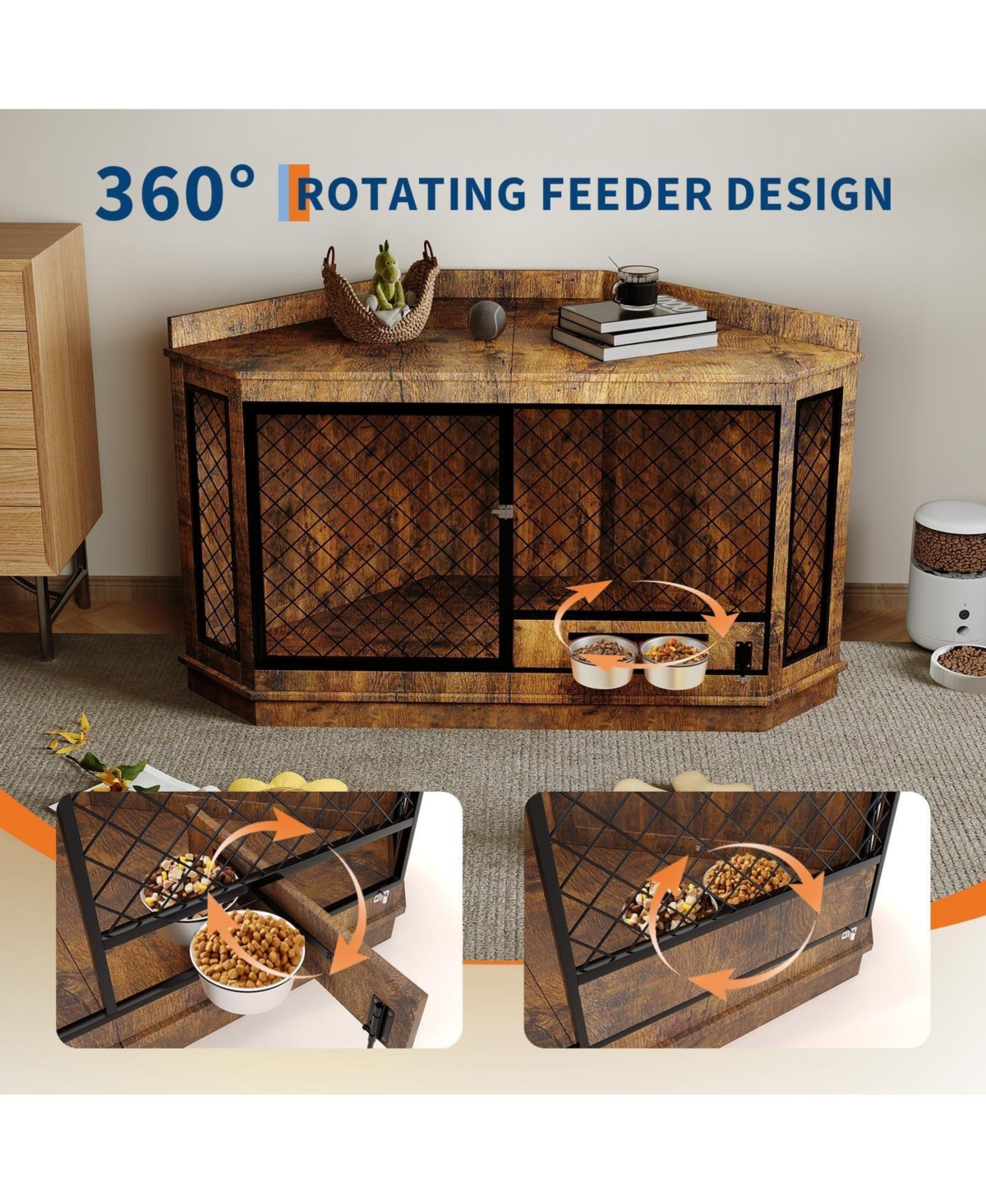 homfan 52 Corner Dog Crate with 360degrees Feeder Wooden Pet Kennel and Tv Stand, Multi-Function Storage Cabinet