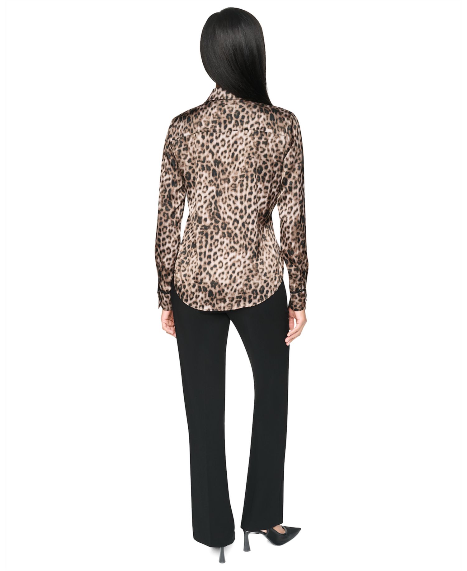 Petite Printed Satin Long-Sleeve Collared Top