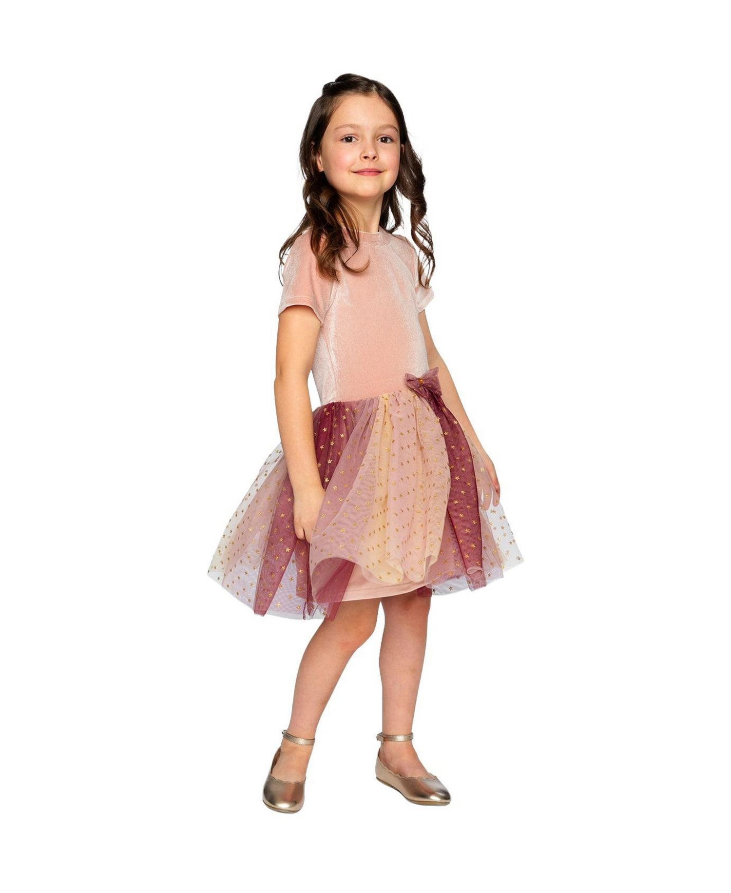 Little and Big Girl (6-14) Bi-Material Dress with Gradient Print Skirt