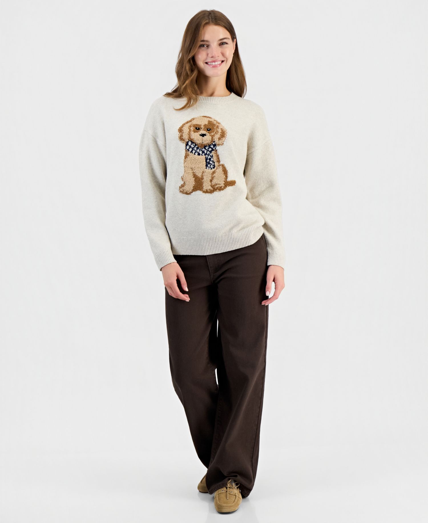 Juniors' Novelty Dog Crewneck Long-Sleeve Sweater