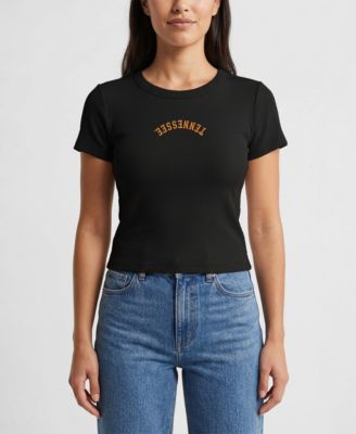 Women's Black Tennessee Volunteers Upside Down Embroidery Ribbed Cropped T-Shirt
