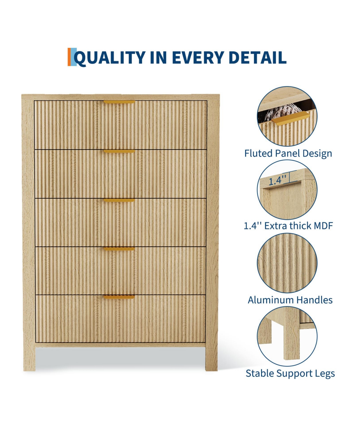 homfan Fluted Front Chest of Drawers, Multi-Drawer Wooden Storage Cabinet with Metallic Pull Handles, Freestanding Accent Organizer
