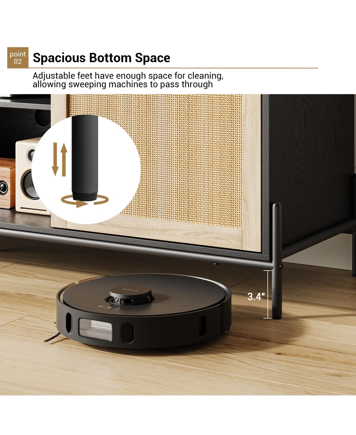 homfan Rattan Door Tv Stand Media Console with Adjustable Shelving Open Storage and Cable Management Stable Leveling Feet, Modern Entertainment Center