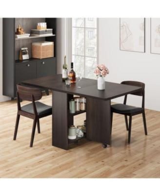 Folding Drop Leaf Dining Table with 2-Tier Storage, 6 Wheels, Space-Saving Kitchen Table for Dining Room and Home Office