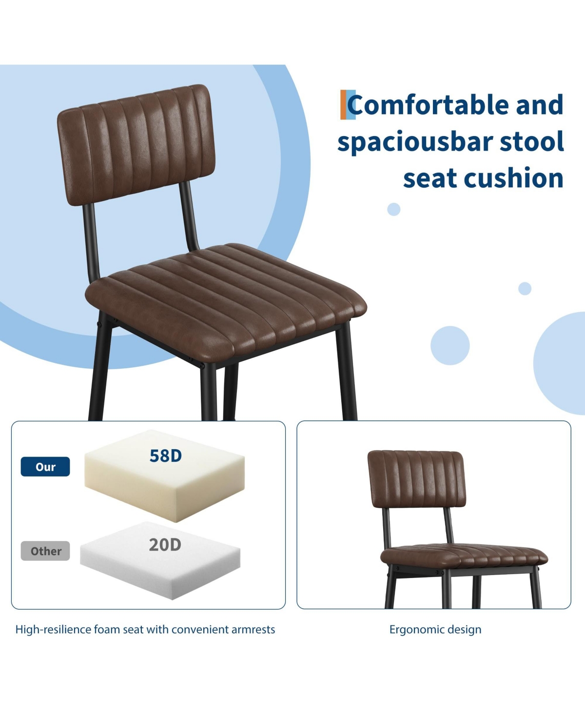 homfan Counter Height Bar Stool Set with Padded Leather Seat and Stitched Detail Iron Frame