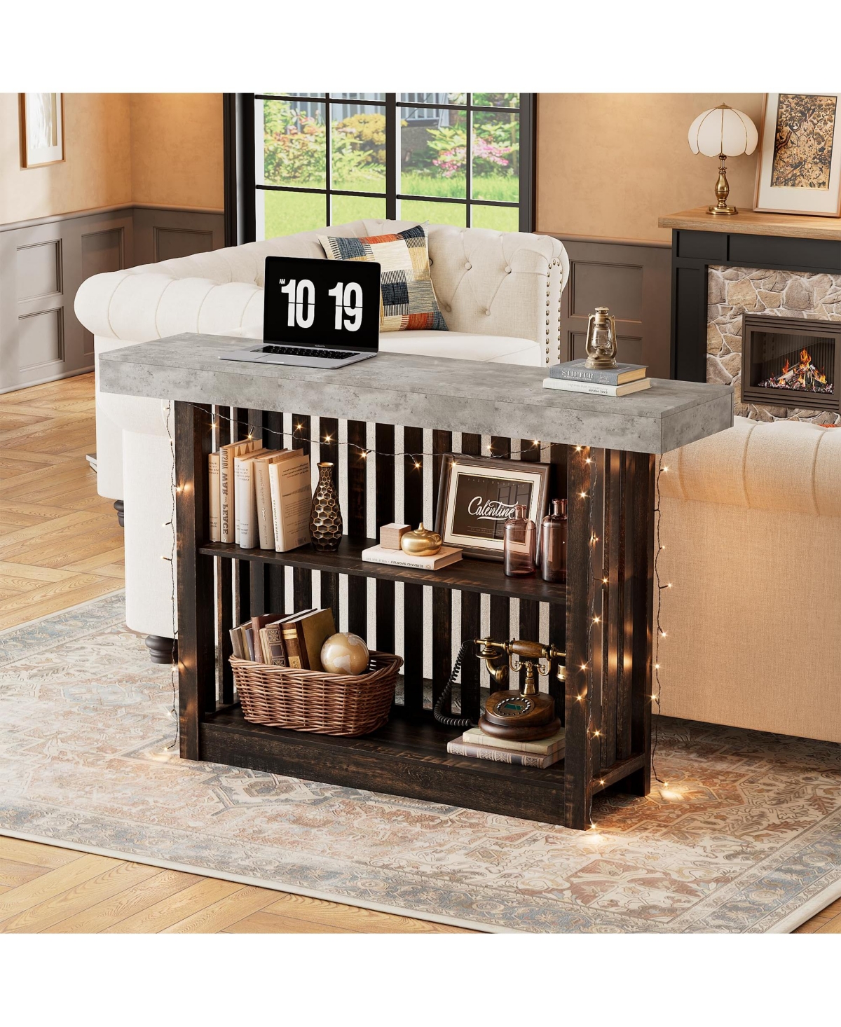 homfan Bar Table with Grille Storage Shelf, Counter Height Dining Table for Kitchen Living Room