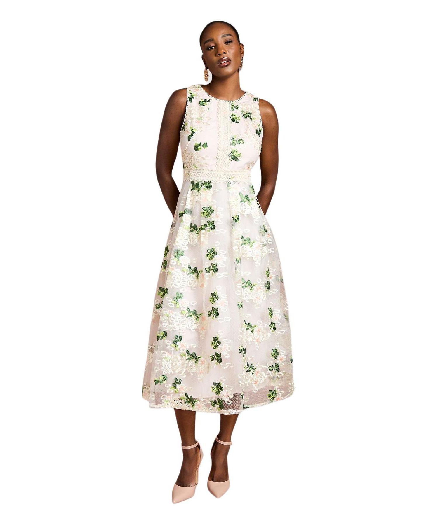 Women's Embroidered Mesh Lace Skirted Midi Dress