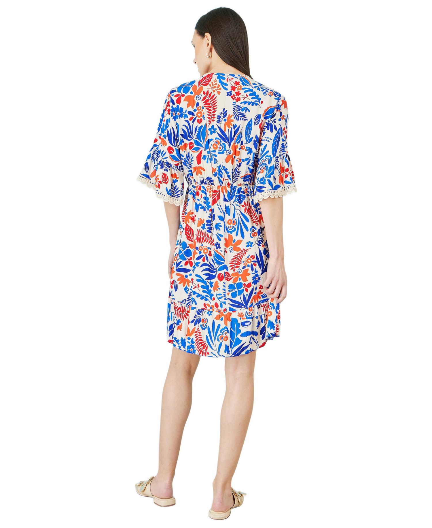 Women's Leaf Print Kimono Sleeve Tunic Dress