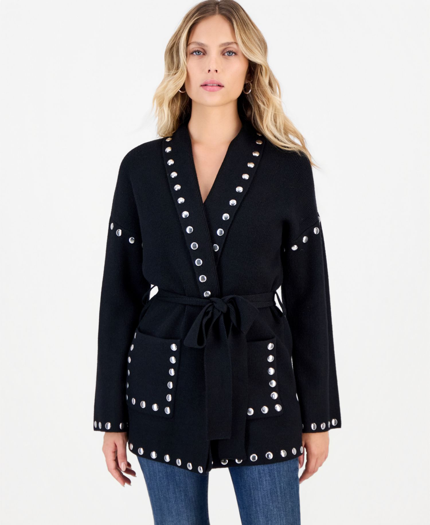 Petite Studded Belted Cardigan