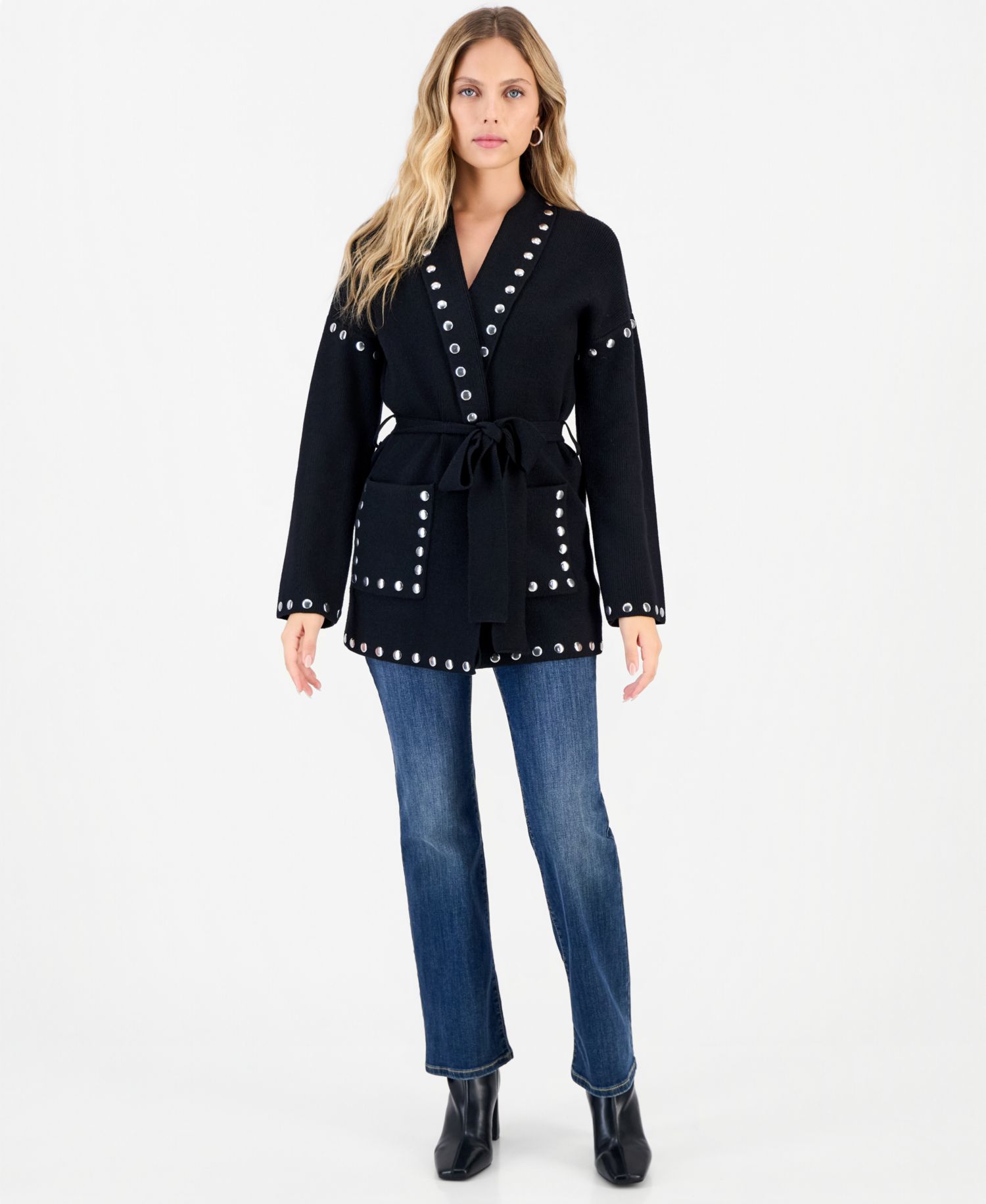 Petite Studded Belted Cardigan