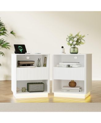 Fluted Nightstand Set of 2, Wooden Nightstand with Charging Station and LED Light, Modern Mid Century Bedside End Table with Drawer,Bedroom