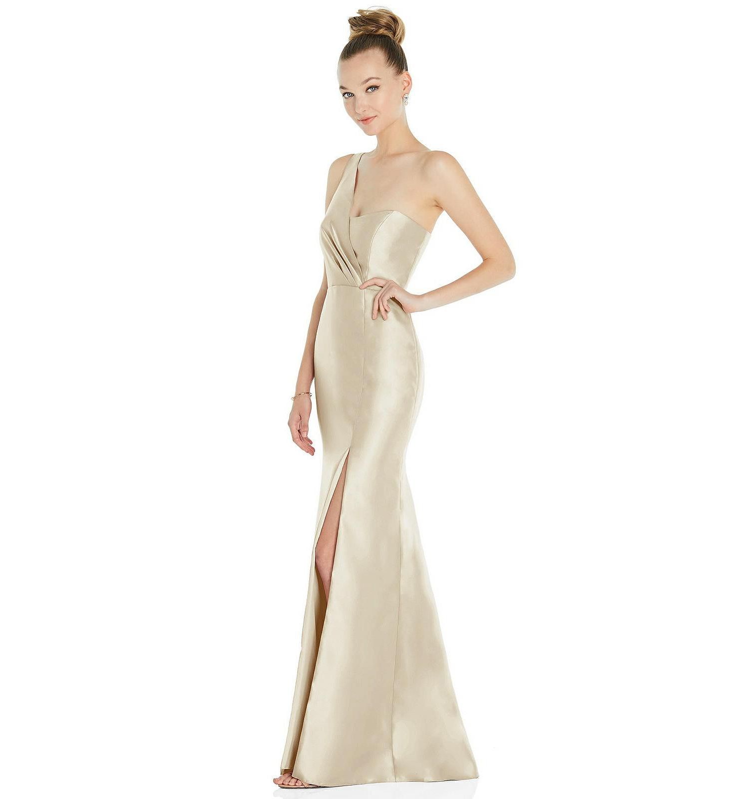 Draped One-Shoulder Satin Trumpet Gown with Front Slit
