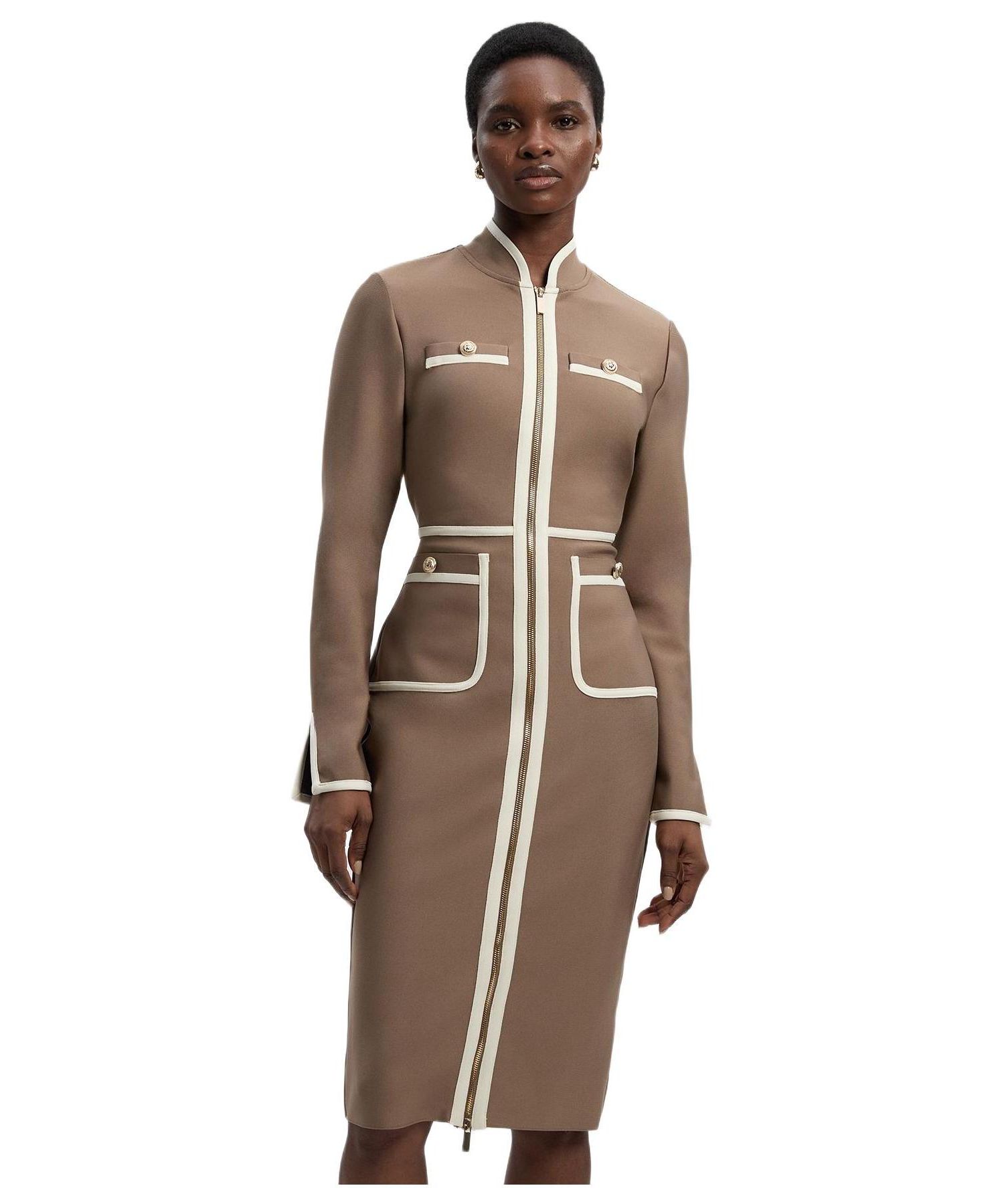 Women's Bandage Military Piping Midi Dress
